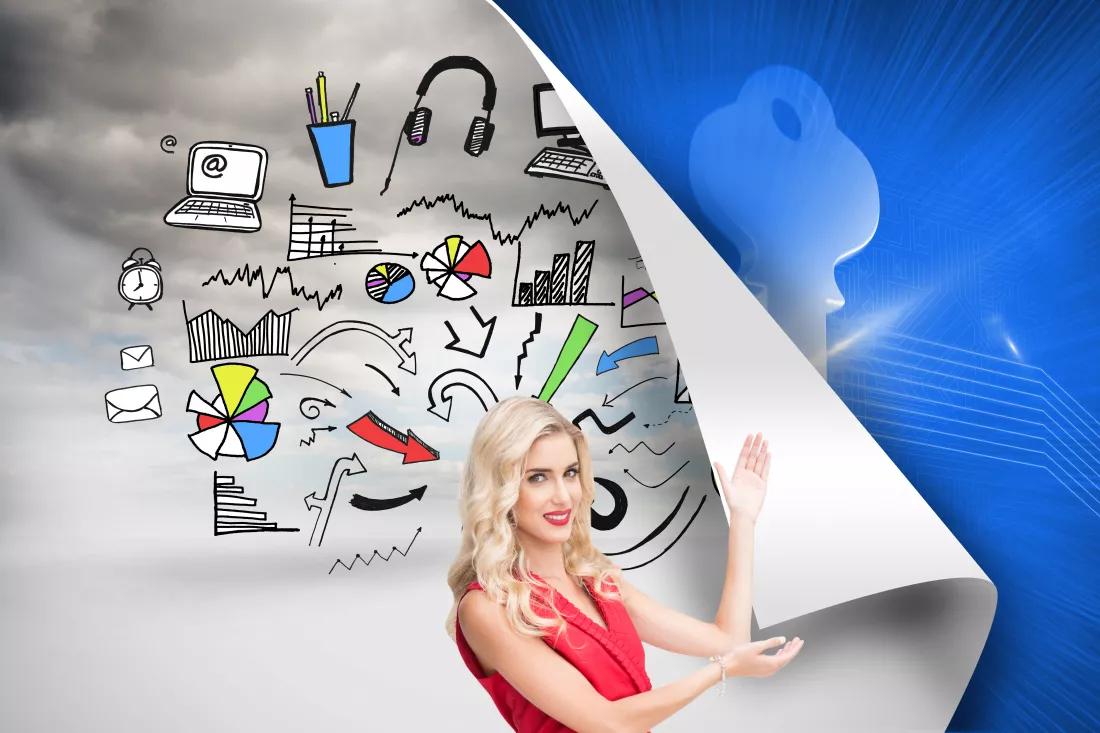 composite-image-smiling-attractive-blonde-presenting