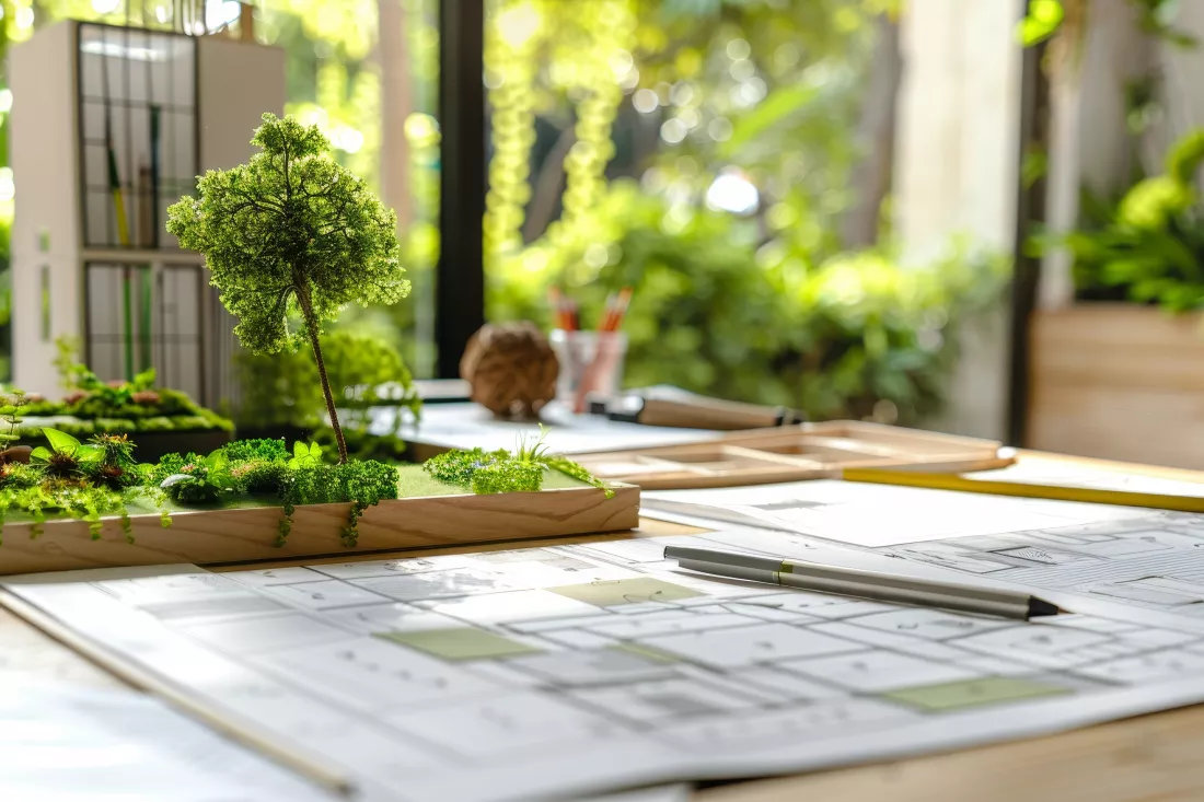 green-architectural-plans-landscape-design-concept-desk-ecofriendly-office-environment