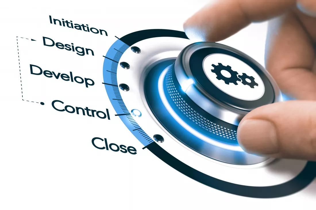 hand-turning-knob-white-background-monitor-select-project-management-phases-composite-image-hand-photography-3d-background